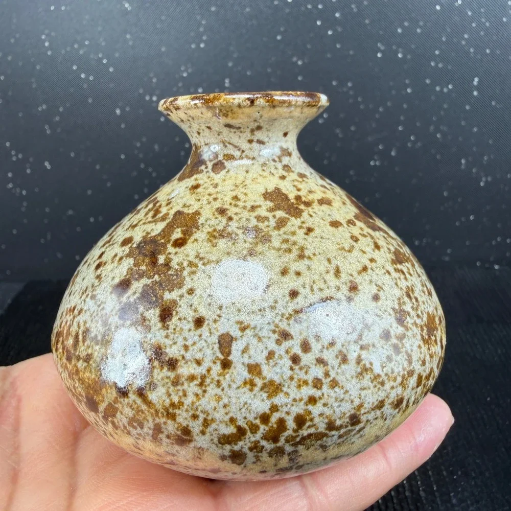 Joan Signed Studio Pottery Bud Vase Speckled Brown Tan Stoneware 3 Inch Small